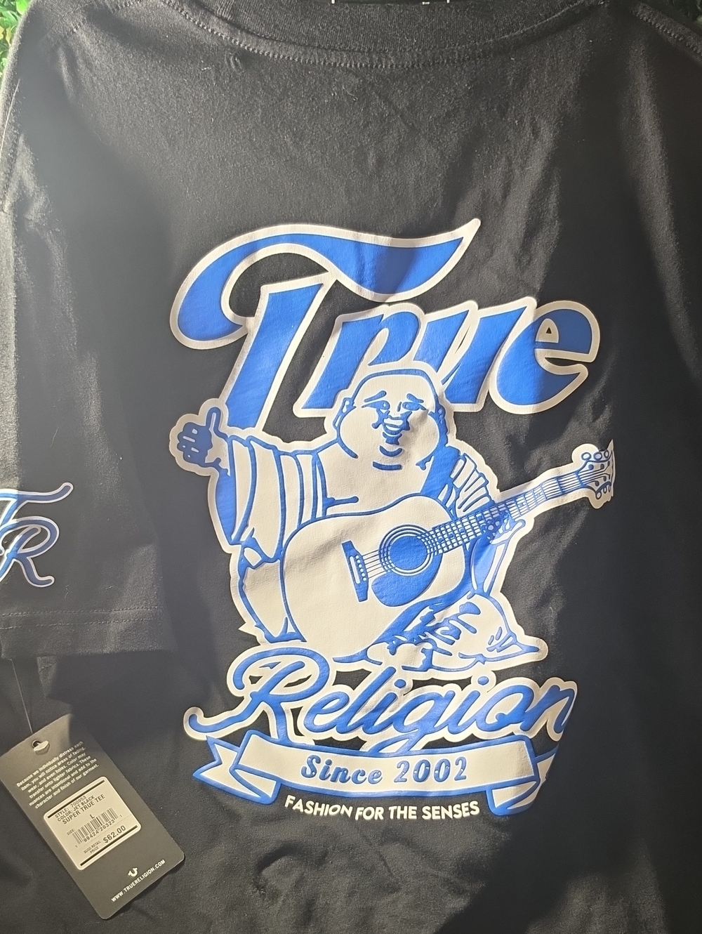 True Religion Black Tee with Blue and White Graphic Buddha